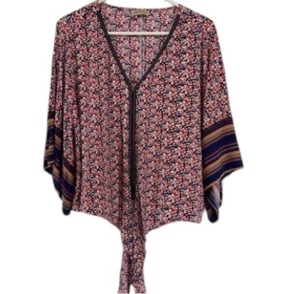 Democracy Floral Print Kimono Top with Striped Bell Sleeves Multi Color Size 2X - Picture 2 of 7